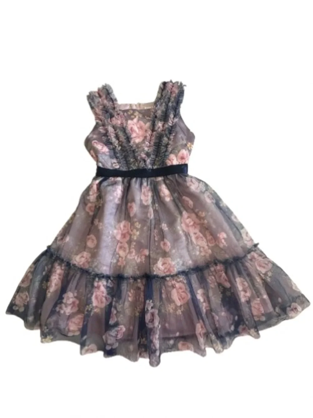 Kensie Girl Size 12 Pink Floral on Navy Tiered Ruffle Formal Dress Fully Lined